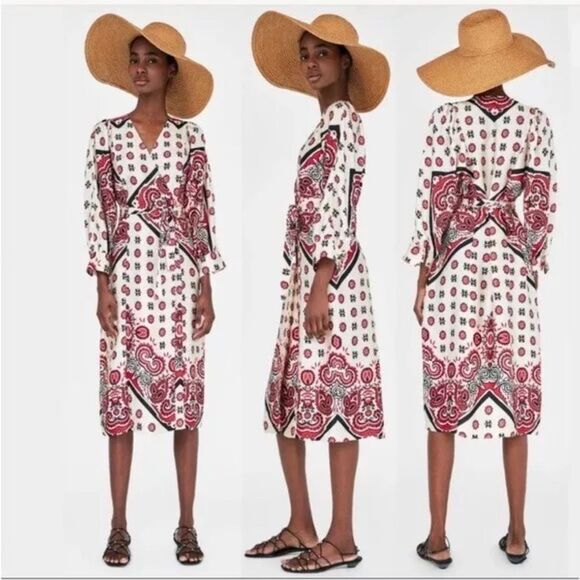 Zara Bloggers Favorite cream red satin scarf print dress - Picture 4 of 8